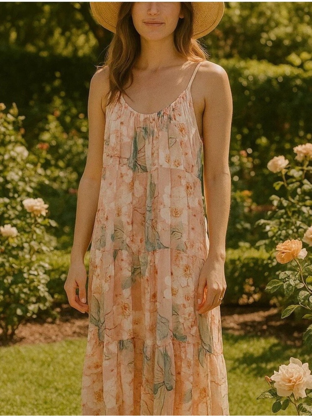 Elena Baldi Made in Italy Silk Peach and White Flowy Floral Dress